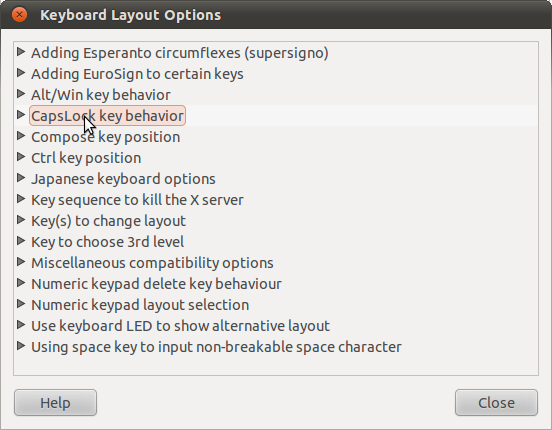 A screenshot of the keyboard layout options dialog in Gnome