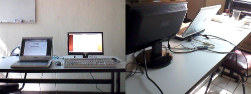 Dos fotografías unidas mostrando una computadora portatil convertida en un sistema multi-asiento, la mitad derecha mustra el frente, la mitad izquierda muestra la parte de atras.